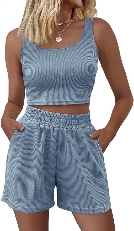 Trendy Queen Two Piece Outfits Women Summer Shorts Sets 2 Piece Sleeveless Matching Lounge Crop T... | Amazon (US)