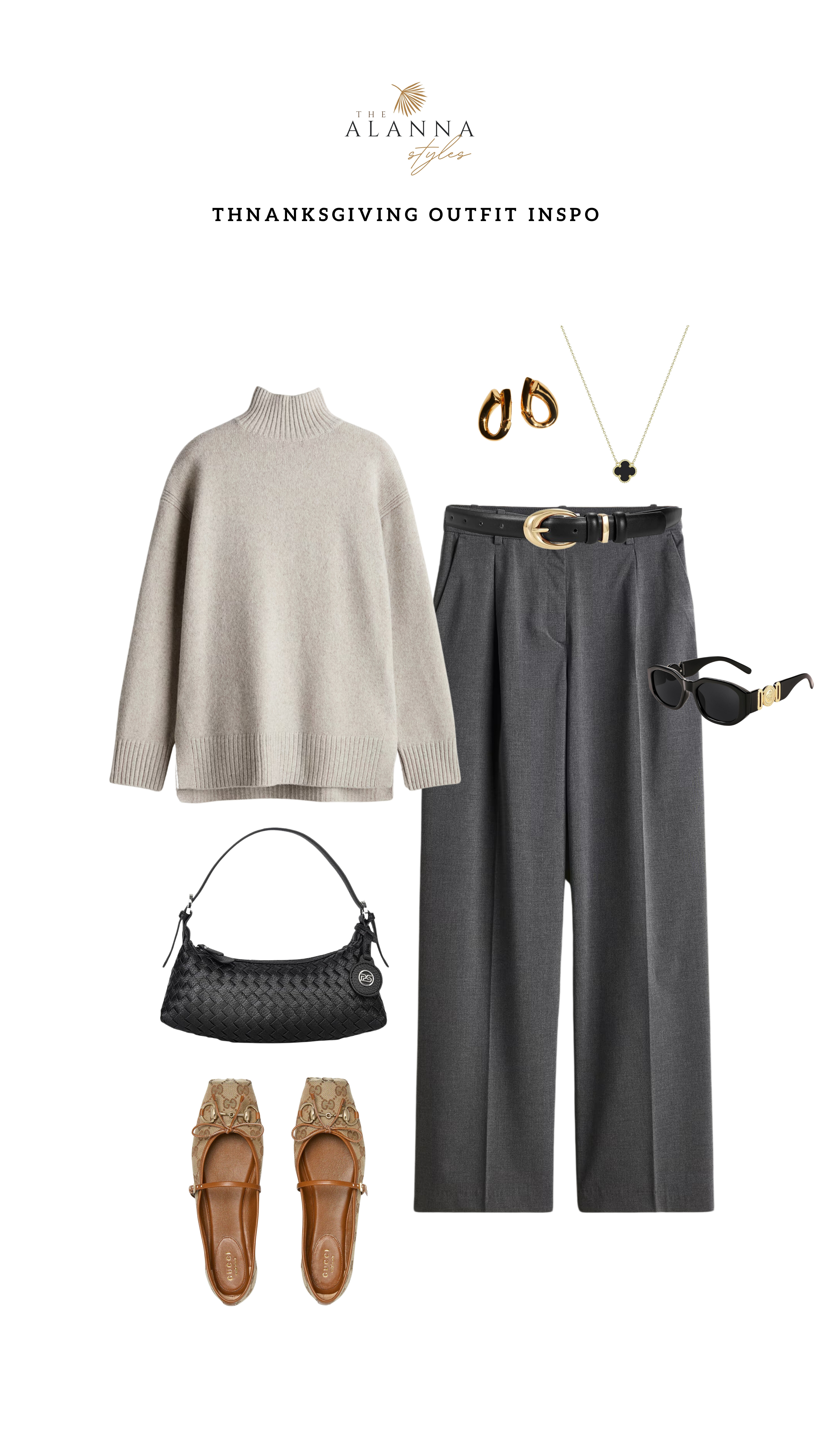 Thanksgiving outfit inspo. Cream turtle neck sweater, grey trousers, Gucci flats, handbag, Tory Burch sunglasses, and a set of dainty jewelry.
 

 #LTKCyberWeek #LTKSeasonal #LTKStyleTip