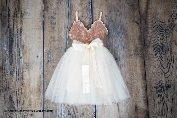 Romantic Rose Gold Flower Girl Dress, Cream Tulle sequin Wedding Gown, Blush Pink Rose Beach, Boh... | Etsy (US)