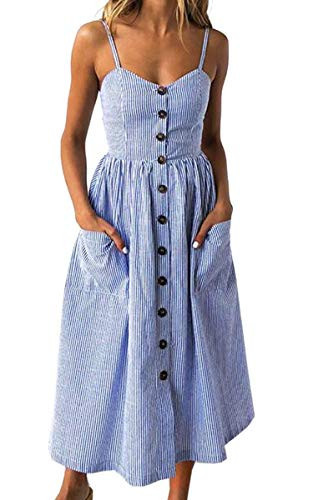 Angashion Women's Dresses-Summer Floral Bohemian Spaghetti Strap Button Down Swing Midi Dress Navy Blue Striped 2XL | Amazon (US)