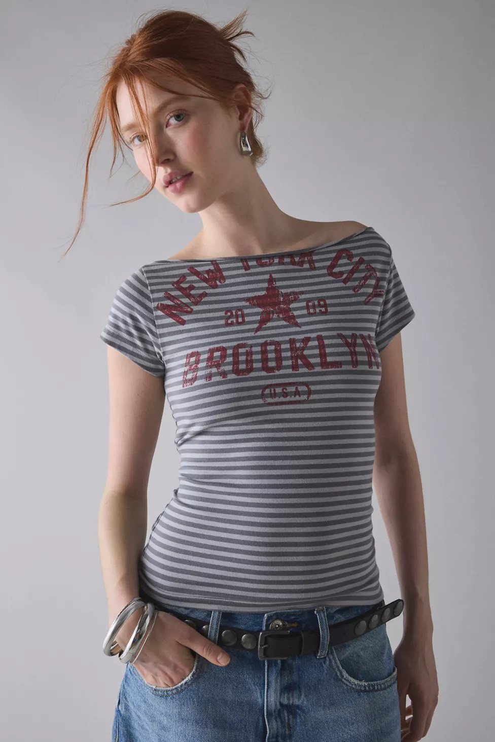 Y2K Graphic Off-The-Shoulder Slim Tee | Urban Outfitters (US and RoW)