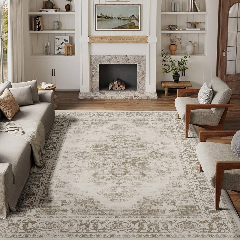 8x10 Area Rugs for Living Room Vintage Washable Rug Taupe Boho Floral Medallion Print Low Pile Ca... | Amazon (US)