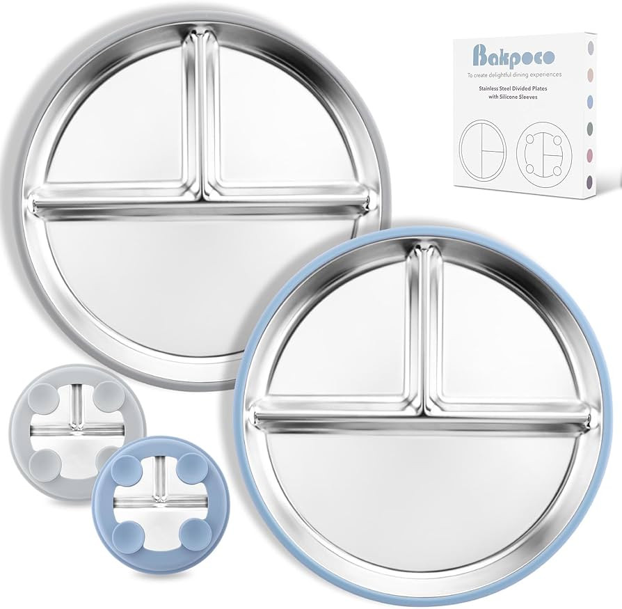 Stainless Steel Toddler Plate with Suction, 9” Divided Plates with Removable Silicone Sleeves f... | Amazon (US)