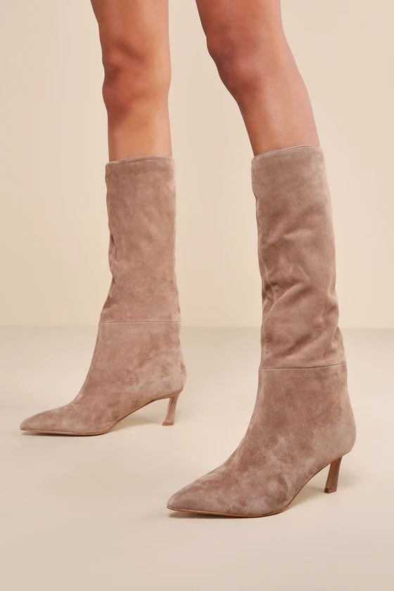 Lavan Oatmeal Suede Leather Kitten Heel Knee-High Boots | Lulus (US)