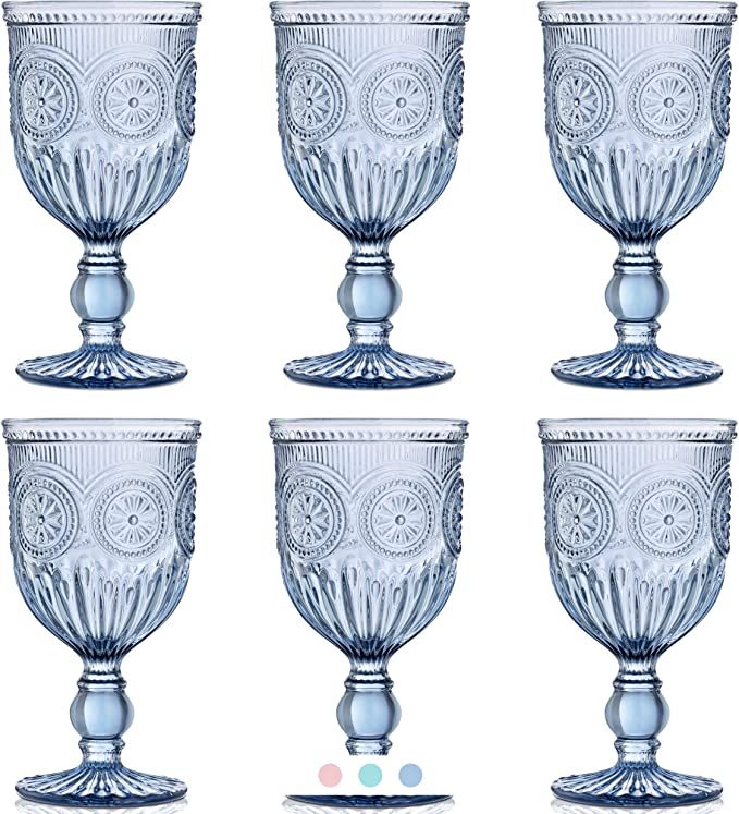 Blue Wine Glasses Set of 6 - Vintage Drinking Glasses Wine Tumblers - Colorful Wine Glasses with ... | Amazon (US)
