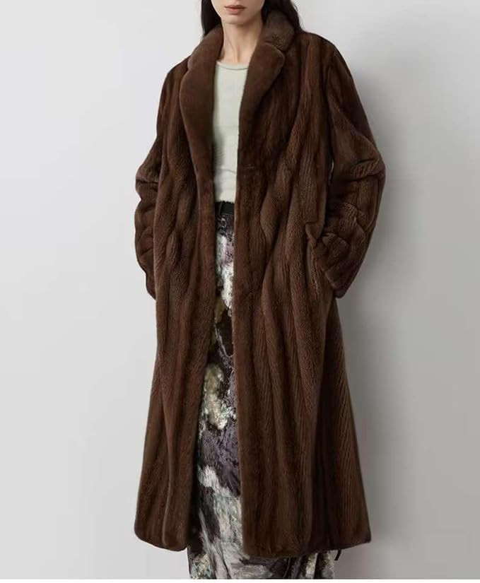 Real Mink Fur Long Coat for Women Natural Brown Plush Lapel Outwear Silk Lining Warm Winter Class... | Amazon (US)