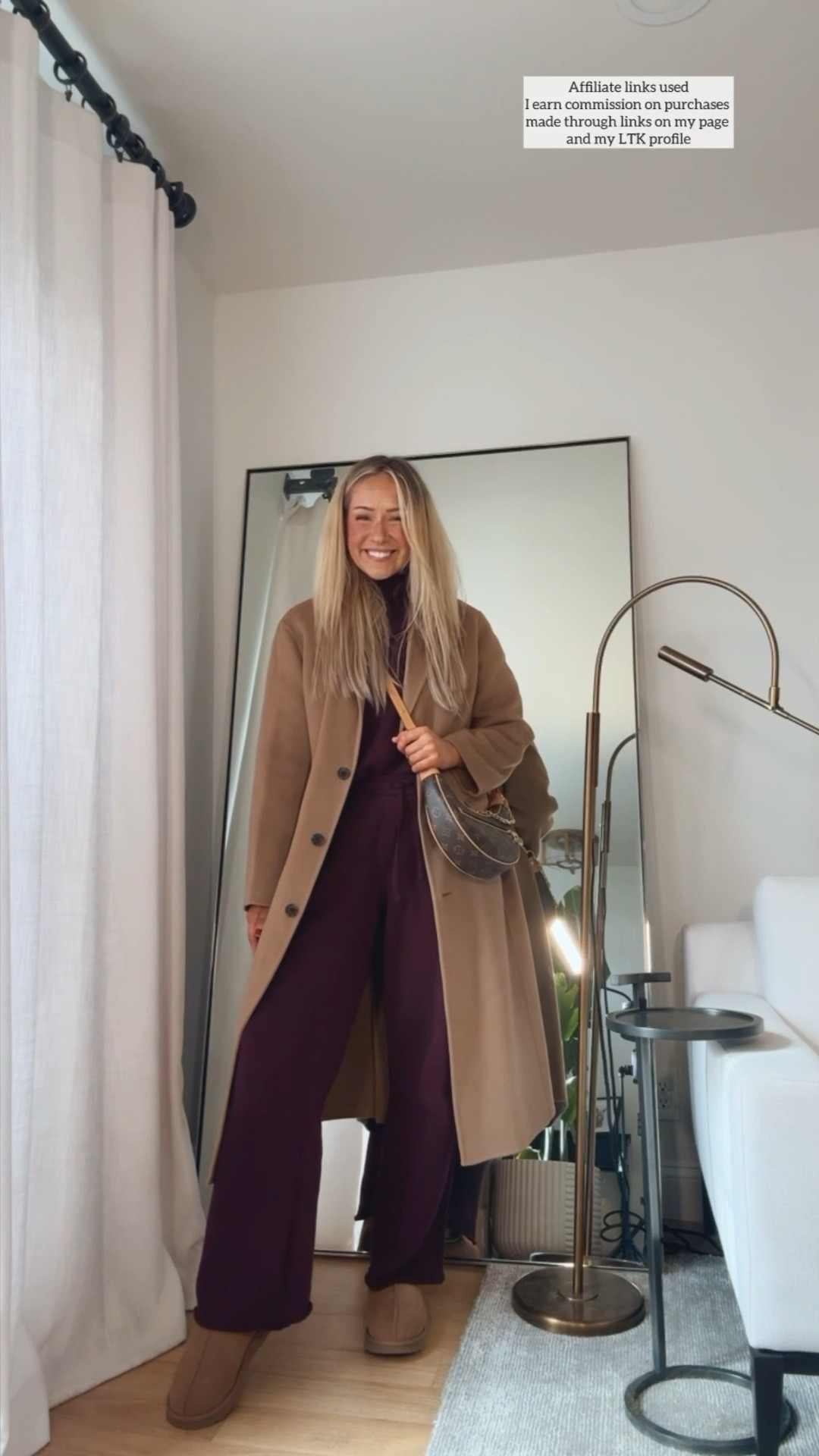 Running errands outfit fall

Camel coat 
Matching lounge wear 
Uggs Tasman chestnut 
