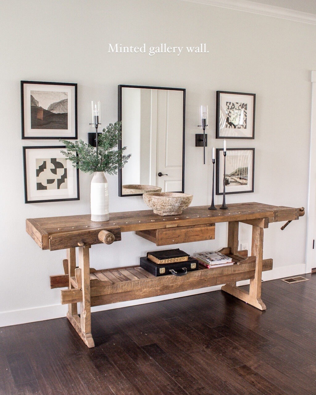 Rustic modern entry way vignette with black and white decor - gallery wall from Minted! 

#LTKHome #LTKStyleTip