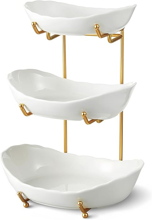 Ceramic Fruit Bowl for Kitchen Counter - 3 Tier Fruit Basket with Metal Stand, Tiered Fruit Stand... | Amazon (US)