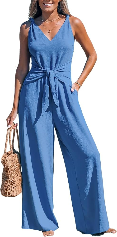 CUPSHE Women's Summer Jumpsuits Sleeveless Tie Knot Rompers     V Neck Wide Leg Long Pants with P... | Amazon (US)
