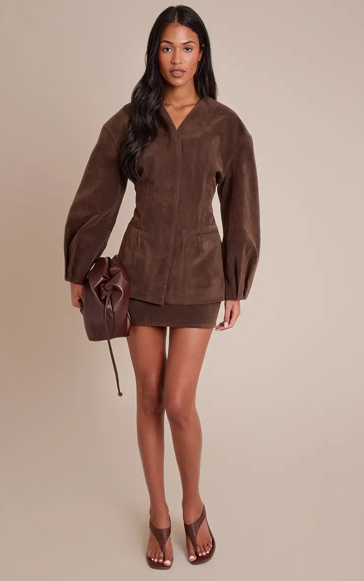 Tall Dark Brown Suede Collarless Cocoon Sleeve Blazer | PrettyLittleThing US