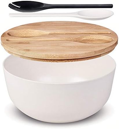 Large Salad Serving Bowl with Tongs,Nature White Bamboo Fiber Salad Bowl with Lid,Mixing Bowl wit... | Amazon (US)