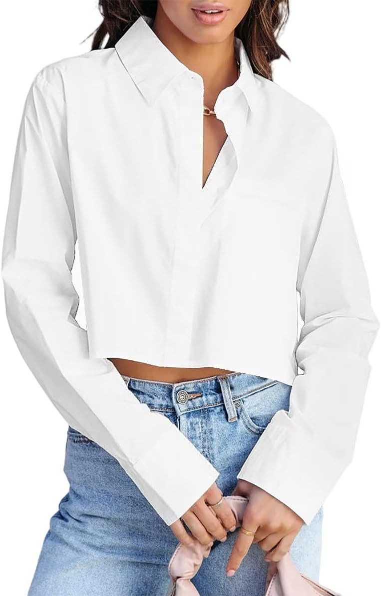 INFITTY Button Down Shirts for Women Long Sleeve Cropped Blouse Tops | Amazon (US)