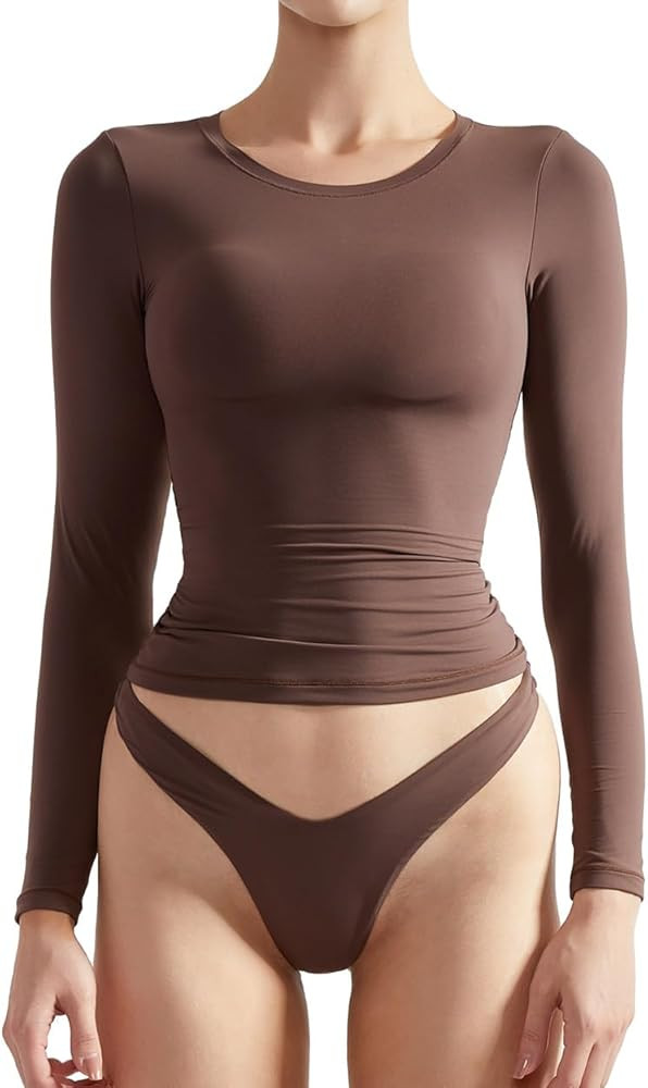 SUUKSESS Women Double Lined Fitted Basic T Shirts Crew Neck Long Sleeve Crop Top | Amazon (US)