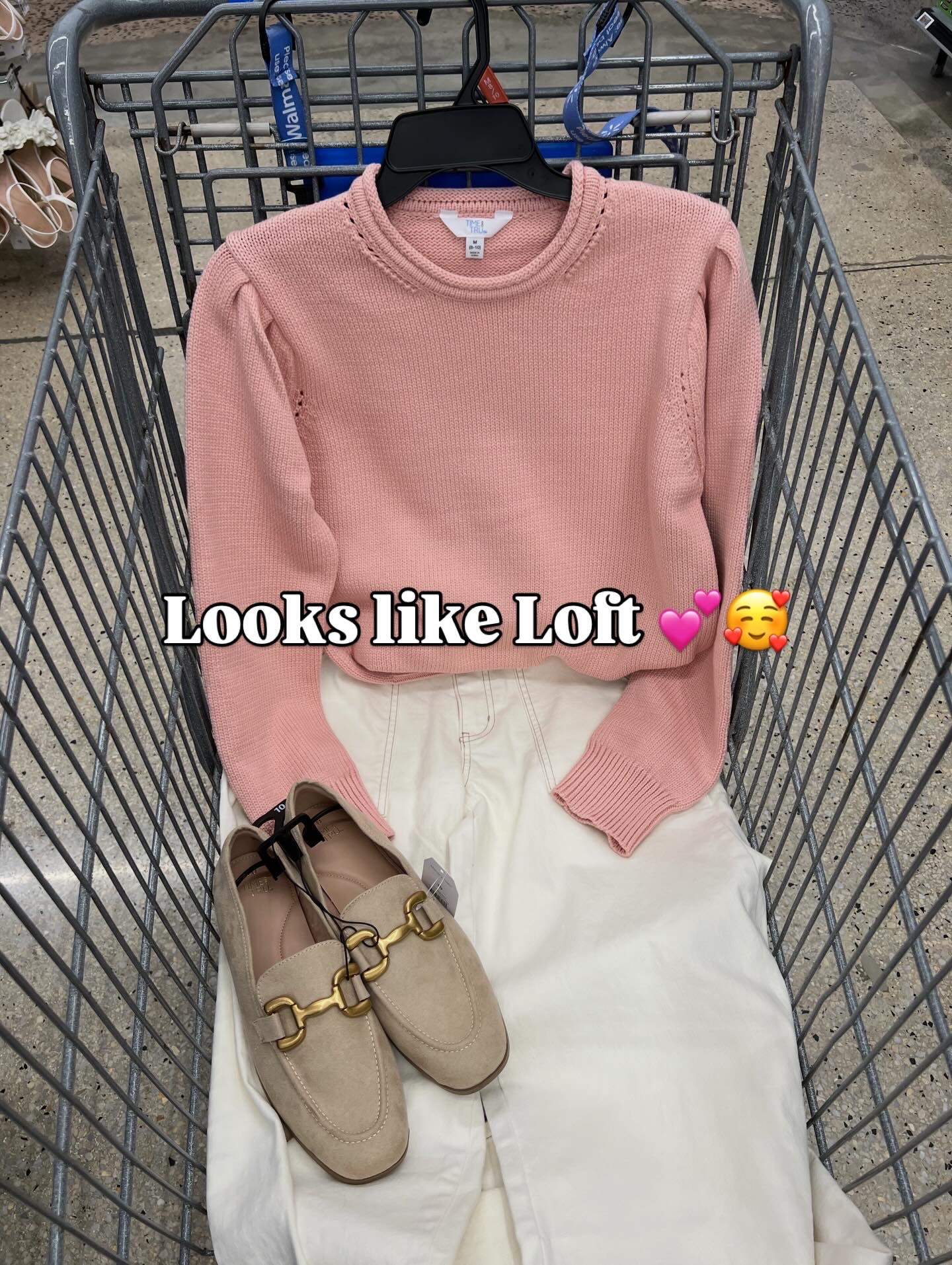 Walmart cotton sweater in pink or off white and off white jeans, neutral faux suede loafers with gold hardware - size up in the sweater, runs small. Jeans tts. 