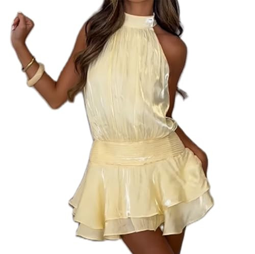 MYBFYABO Women's 2025 Summer Halter Dress Sleeveless Back Zipper Ruffle Tiered Layered Chiffon Pleated A Line Swing Mini Dress(Back Zipper Yellow, L) | Amazon (US)