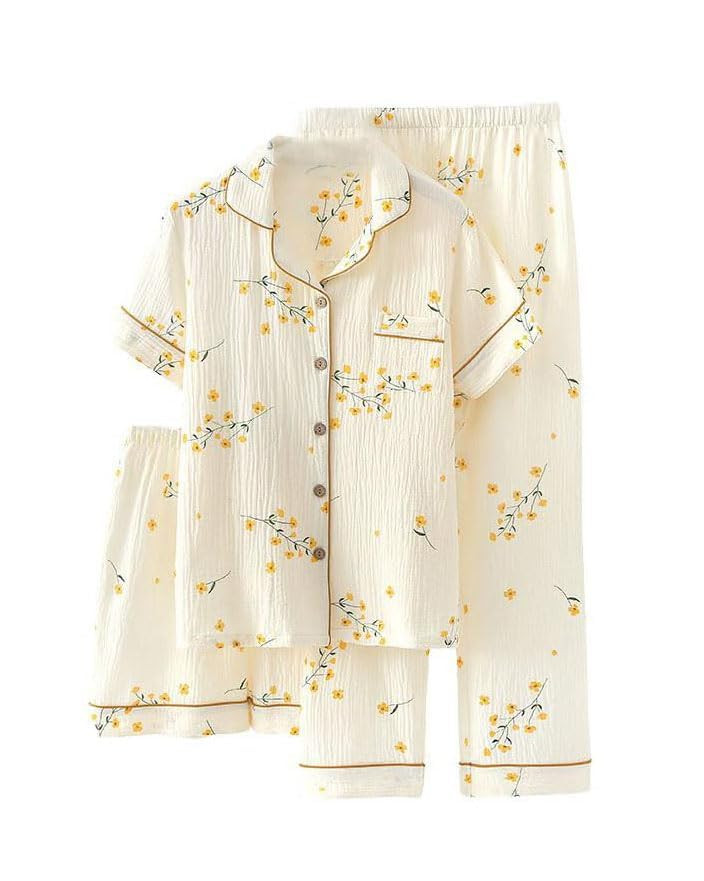 codcm Womens 3pcs Cotton Pajamas Set Short Sleeve Sleepwear Fruit Print Cute Pj Set with Long Pan... | Amazon (US)
