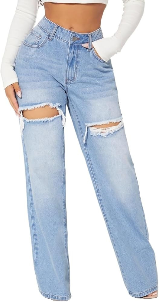 Womens Plain Button Front Cutout Ripped Wide Leg Casual Jeans for Women | Amazon (US)
