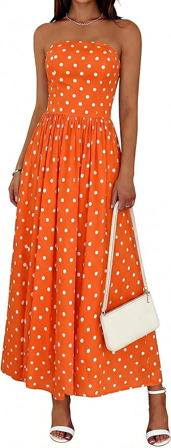 Wenrine Womens Polka Dot Strapless Dress Summer Smocked Tube Top Casual Sleeveless Swing Flowy Ma... | Amazon (US)
