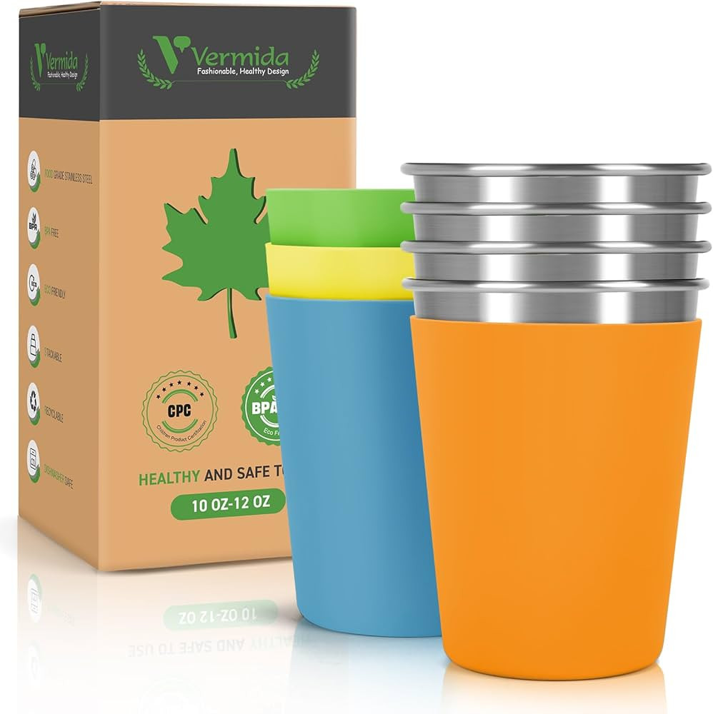 Stainless Steel Cups for Kids and Toddlers Stackable, 10oz Stainless Steel Kids Cups with Silicon... | Amazon (US)