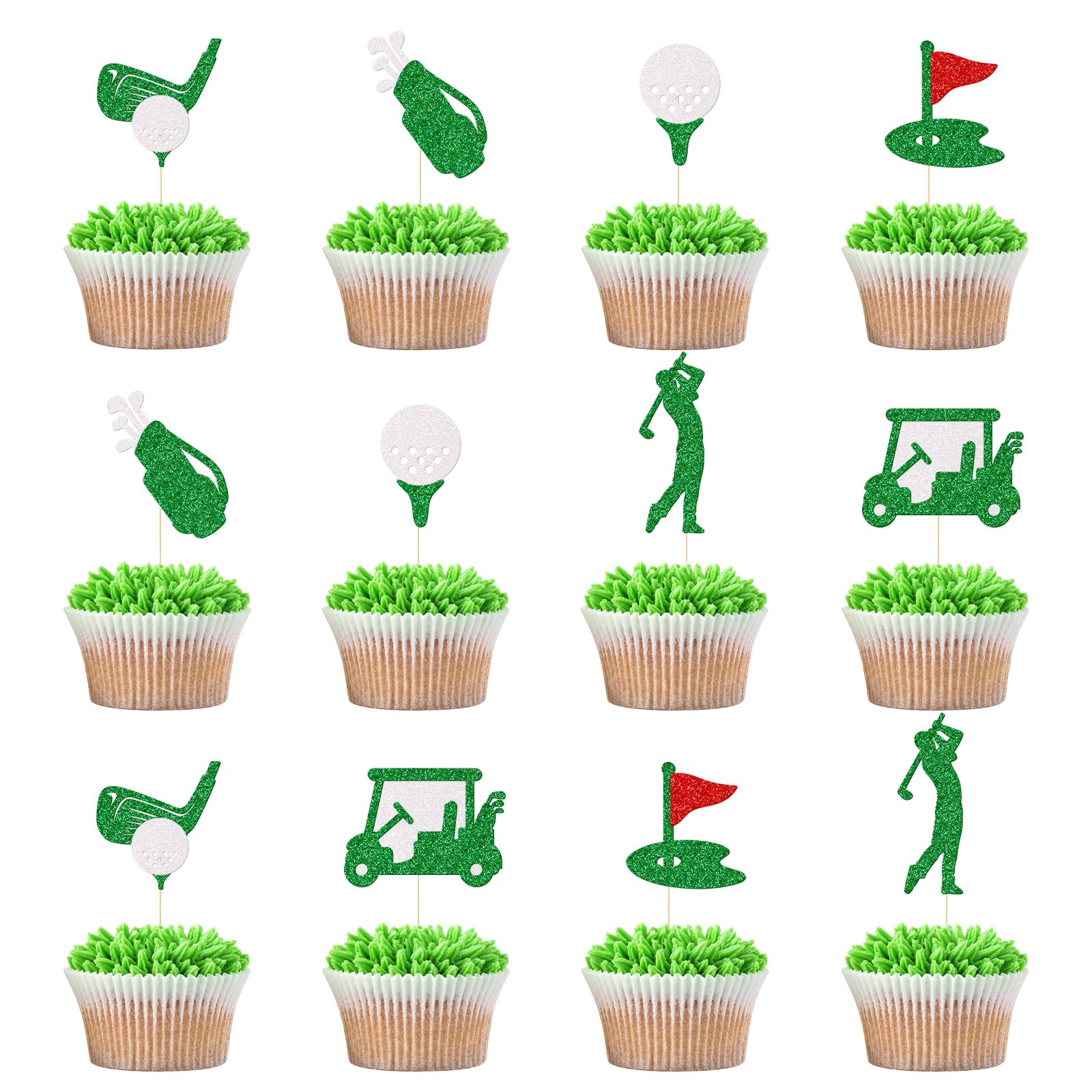 Little Man Golf Cupcake Toppers, Golf Birthday Party Decorations, Golf Decor, Let's Par-Tee, Golf Party Decorations, Green and Silver Glitter, 24Pcs, Green, Silver, Red | Amazon (US)