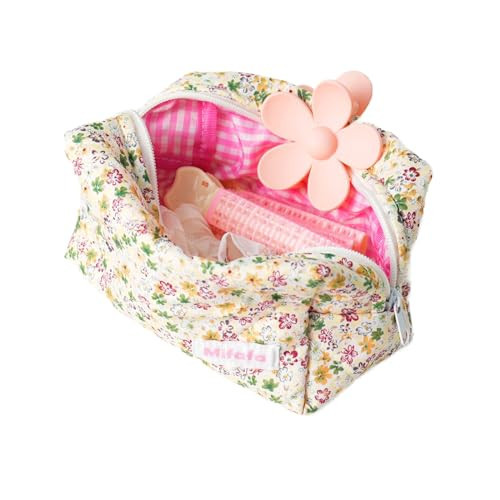 Mifafa Floral Makeup Organizer Bag for Travel Coquette Quilted Toiletry Pouch Small Cotton Cosmetic Brushes Storage Bag (Chartreuse, Small) | Amazon (US)