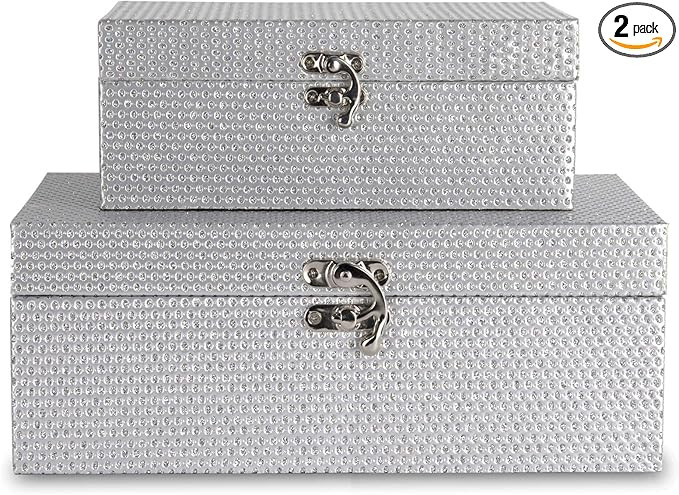 MODE HOME Silver Glitter Wooden Jewelry Storage Boxes Decorative Treasure Boxes Set of 2 | Amazon (US)