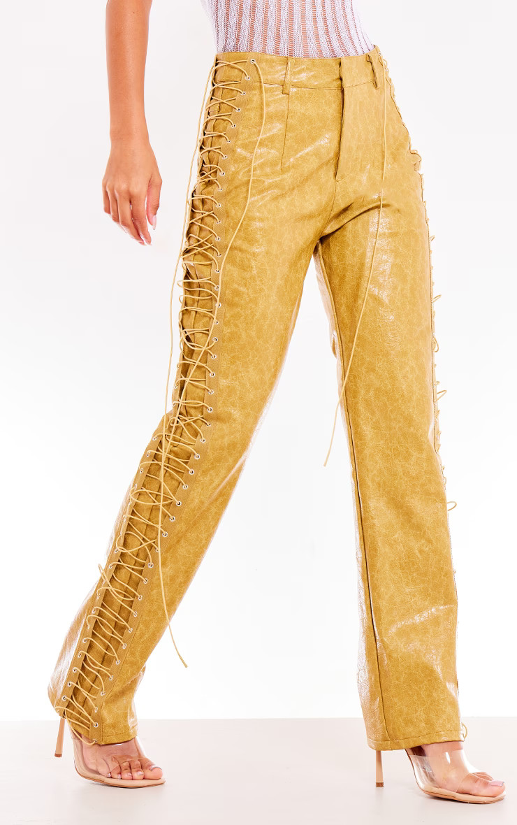 Mustard Washed Pu Lace Up Straight Leg Pant | PrettyLittleThing US