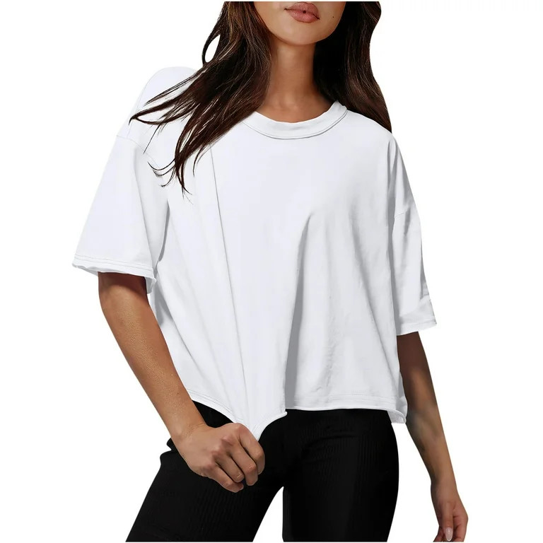 Blouse for Women Drop Shoulder Round Neck Oversized Crop Workout Tops Tees White M | Walmart (US)