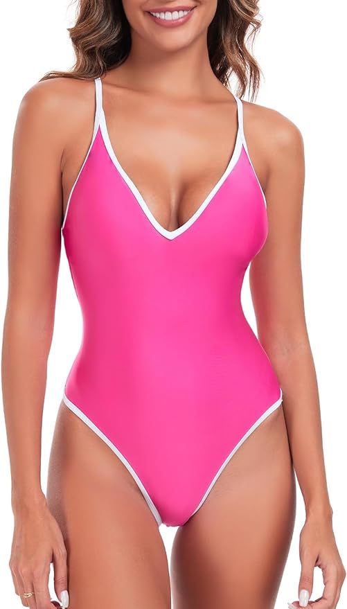 RELLECIGA Women's V Neck One Piece Swimsuit High Cut Bathing Suits | Amazon (US)