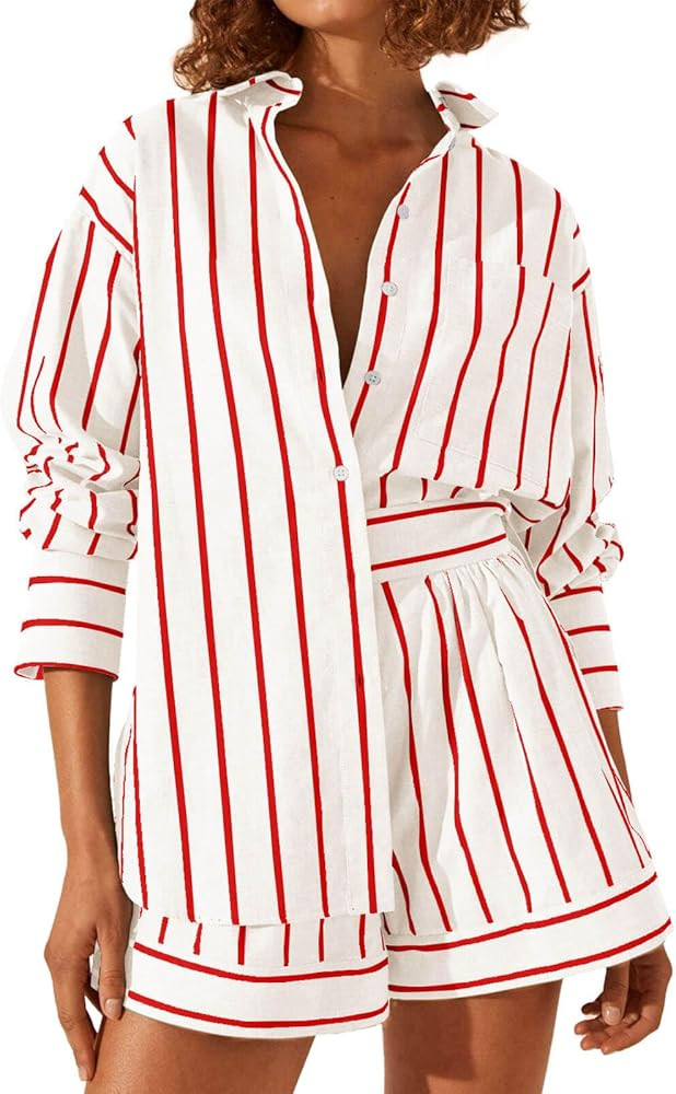 Tankaneo Womens 2 Piece Outfits Striped Long Sleeve Button Down Collared Shirt Matching Shorts Se... | Amazon (US)