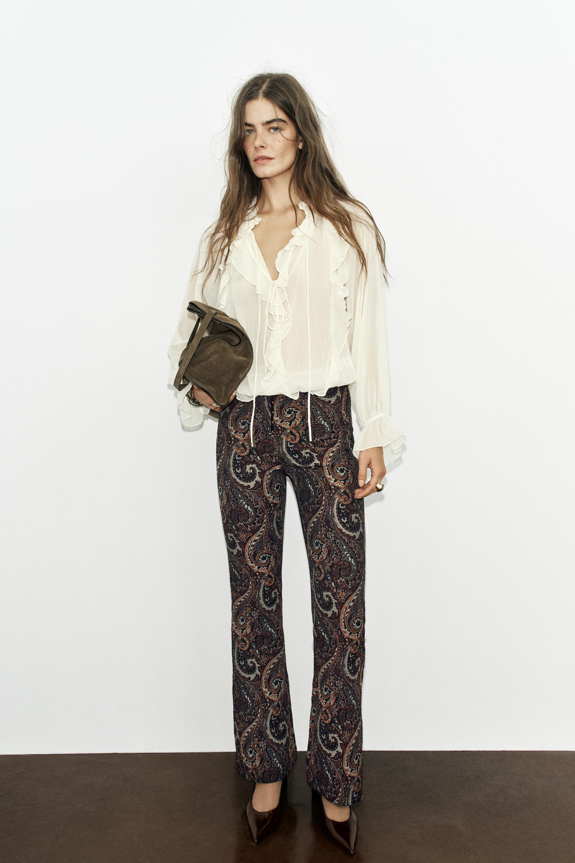 Zara - Jacquard Flare Trousers - Multicolored - L - Woman | Zara US