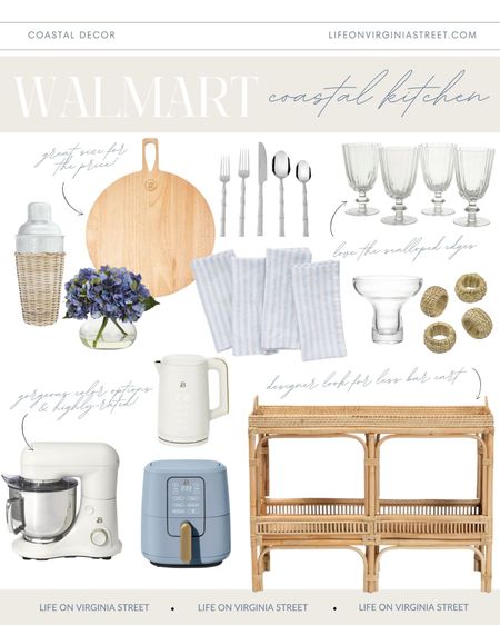 The cutest coastal decor finds for a spring kitchen refresh! Loving all of these gorgeous @walmart finds including a rattan wrapped cocktail shaker, rattan bar cart, scalloped goblet glasses, a white stand mixer, light blue air fryer, blue striped linen napkins, faux hydrangeas, a wood serving board, silver bamboo flatware, rattan napkin rings, a white electric tea kettle and more! See all of my recent Walmart finds here:  https://lifeonvirginiastreet.com/walmart-coastal-home-decor/.
.
#walmarthome #walmart #ltkhome #ltkfindsunder50 #ltkfindsunder100 #ltkstyletip #ltksalealert coastal kitchen decor, spring decorating ideas for a kitchen

#LTKsalealert #LTKSeasonal #LTKhome