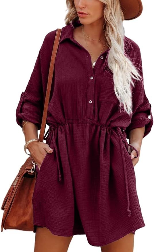 Metyou Women's Long Sleeve V Neck Button Down Tie Waist Casual T Shirt Mini Dress with Pockets | Amazon (US)