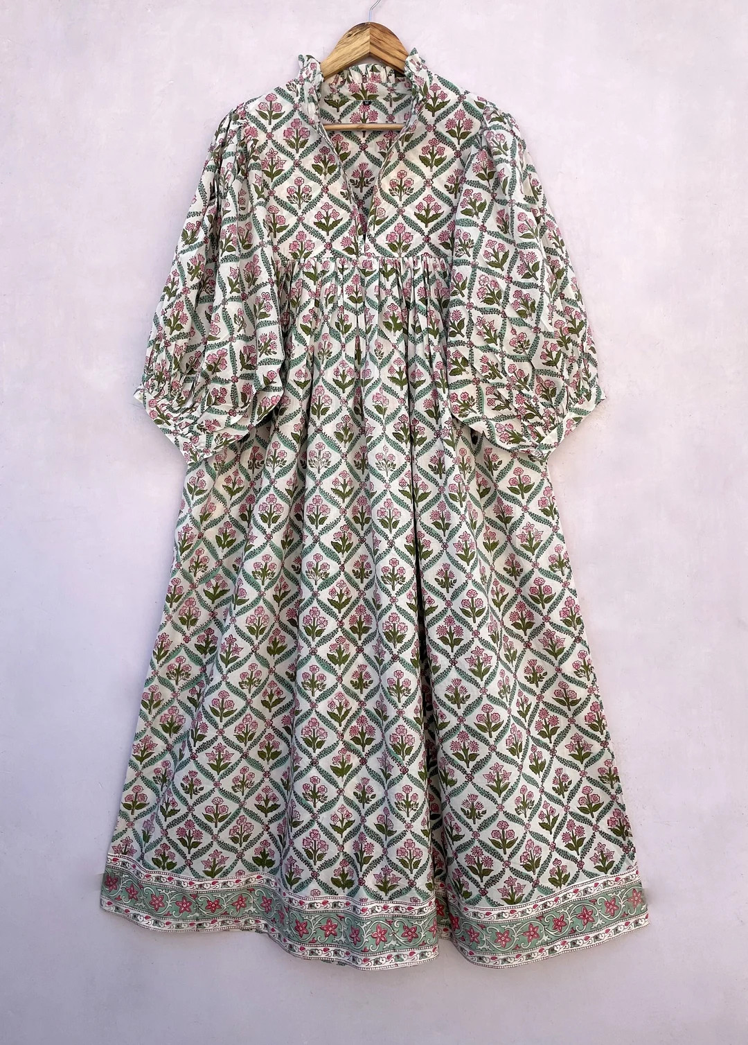 Green Pink Leaf Printed Frill Long Maxi Dress / V Neckline Cotton Maxi Dress / 3/4th Sleeve With ... | Etsy (US)