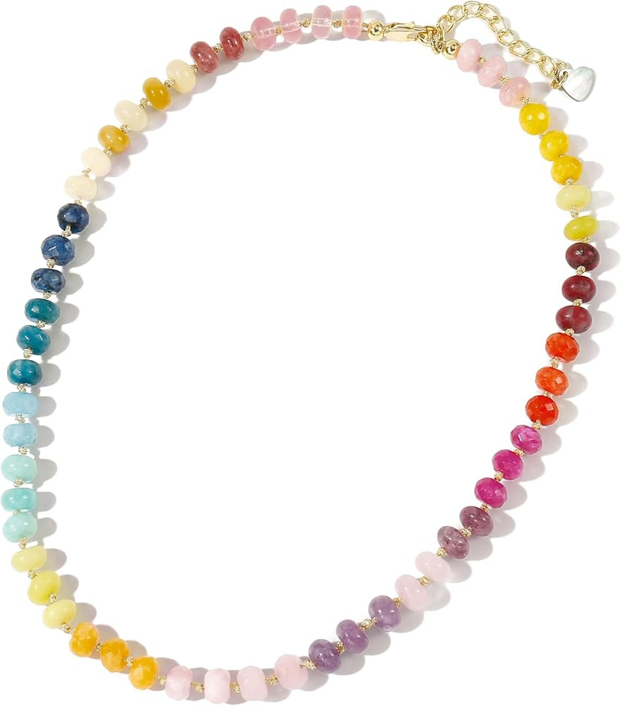 Gemstone Beaded Necklace for Women Colorful Natural Stone Freshwater Pearl Surfer Beach Rainbow N... | Amazon (US)