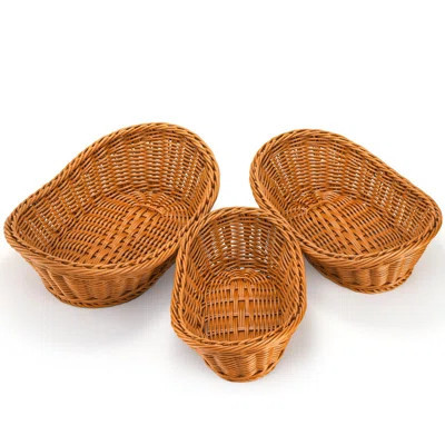 3 Pack Small Woven Breads Baskets, Oval Fruit Baskets Stackable Plastic Wicker Basket For Serving Vegetables, Kitchen, Restaurant, Outdoor, Imitation | Wayfair North America