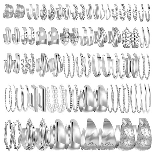 36 Pairs Gold Hoop Earrings Set for Women Multipack, Hypoallergenic Chunky Chain Twisted Hoop Earrings Pack, Fashion Dangle Earrings Jewelry for Gift (D-42Pcs Silver) | Amazon (US)