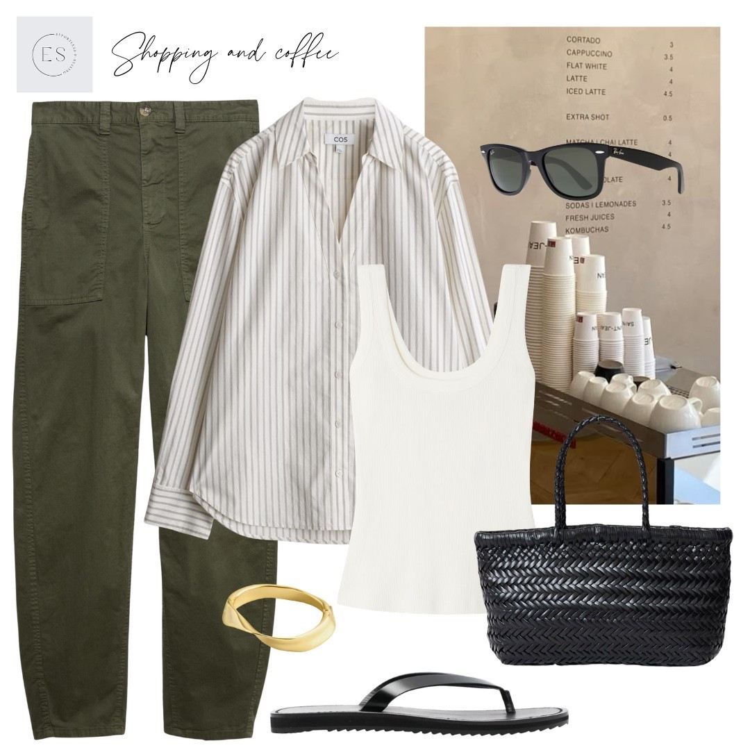 Casual Spring outfit. 

Beige striped open collar poplin shirt, dark khaki barrel leg cotton trousers, white ribbed tank top, black leather flip flops, black woven leather mini bag, black wayfarer sunglasses, gold twist cuff bracelet. 

#LTKuk #LTKstyletip #LTKspring
