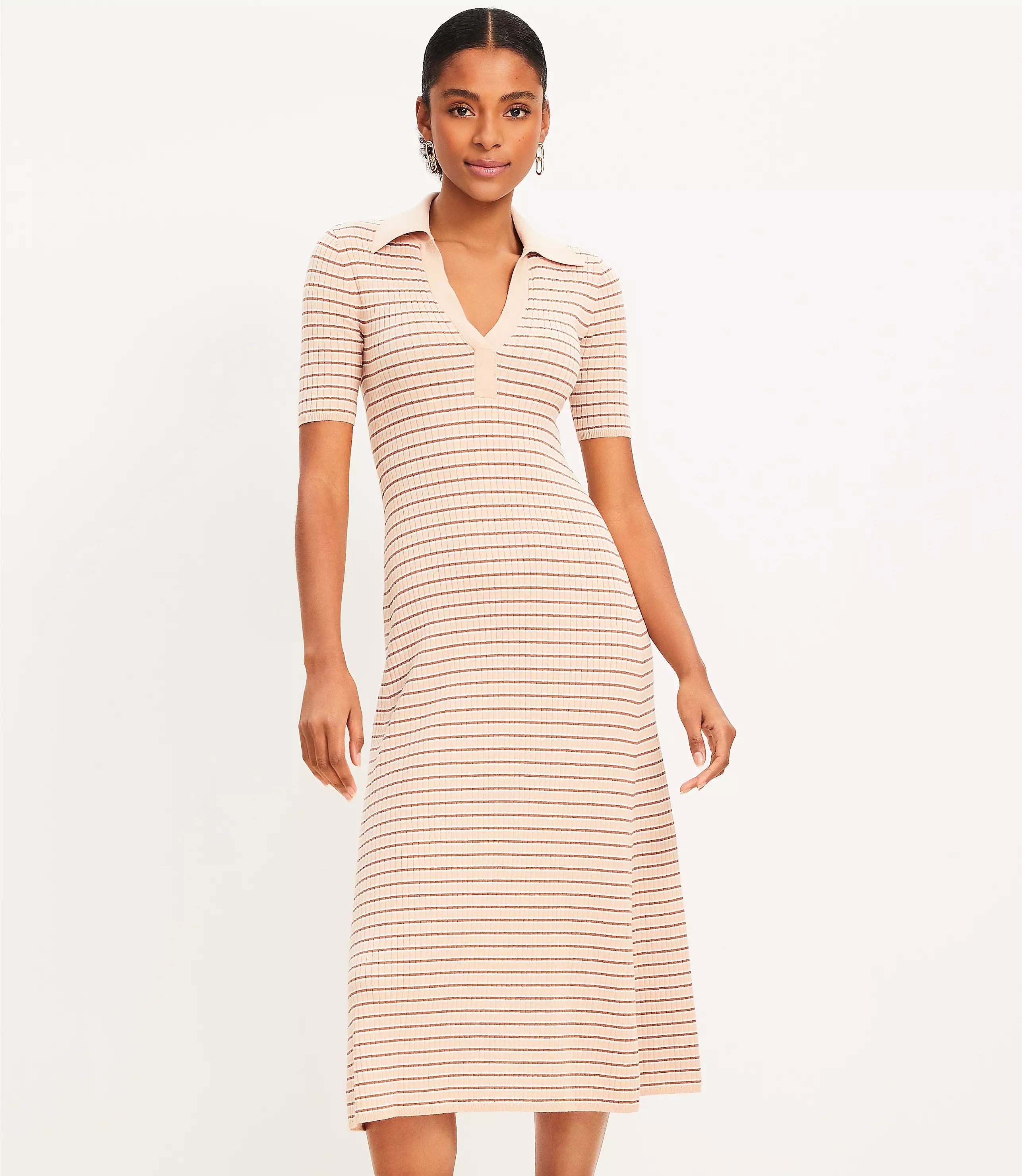 Petite Stripe Ribbed Collared Midi Sweater Dress | LOFT