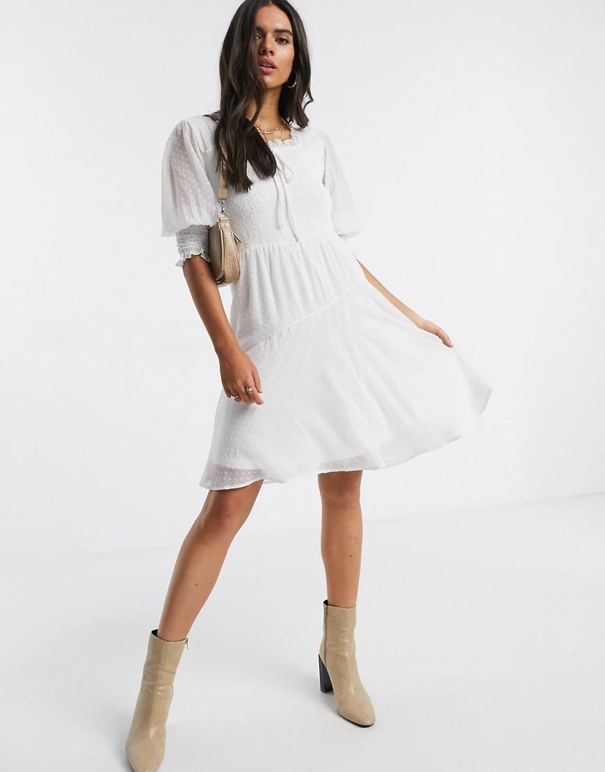 Vero Moda skater dress with square neck and puff sleeves in white dobby mesh | ASOS (Global)