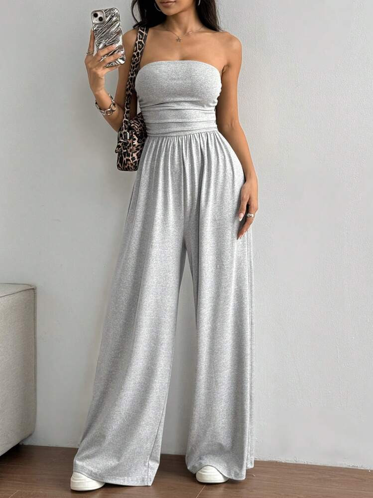 Flirla Casual Gathered Bandeau Loose Wide Leg Jumpsuit | SHEIN