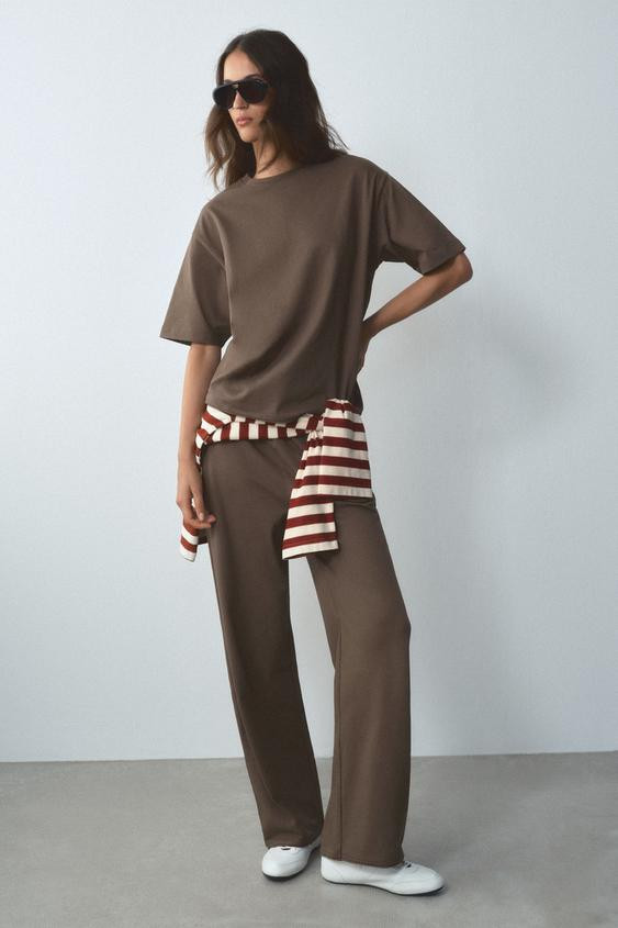 Zara - Crew Neck T-Shirt - Sand - M - Woman | Zara US
