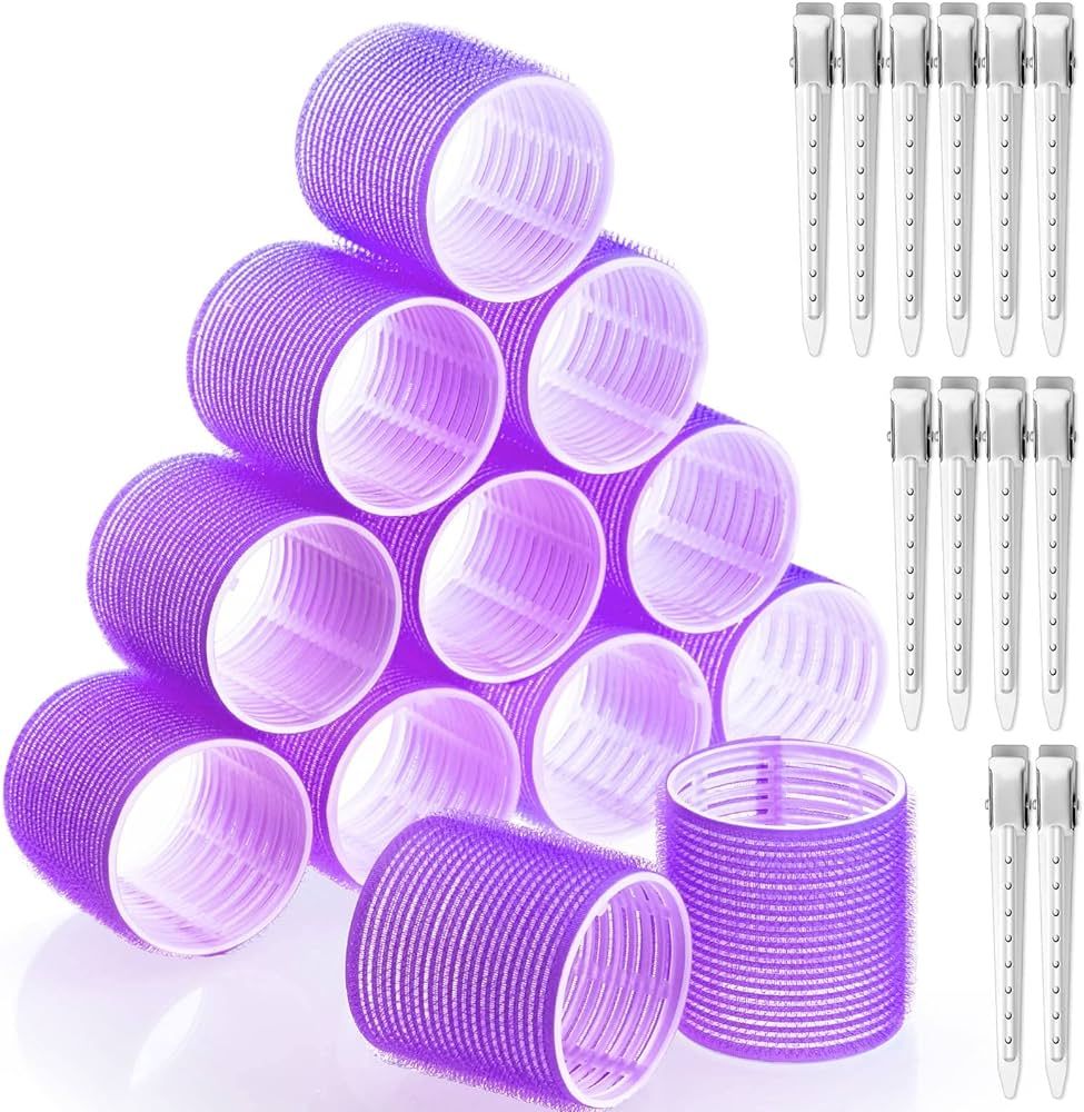 Jumbo Hair Curlers Rollers, 12Pcs Hair Roller Curlers Self Grip Holding Rollers with12 Stainless ... | Amazon (US)