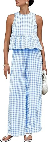 Tanming Women's 2 Piece Set Outfits Gingham Plaid Tank Tops Wide Leg Pants Matching Lounge Sets | Amazon (US)