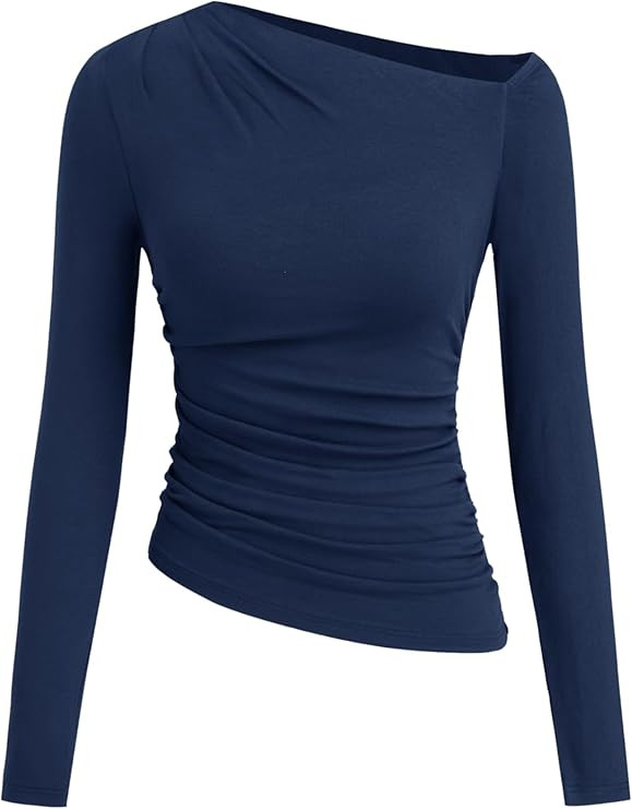 CIDER Off The Shoulder Tops for Women Long Sleeve Shirts Asymmetrical Neck Ruched Going Out Tops ... | Amazon (US)