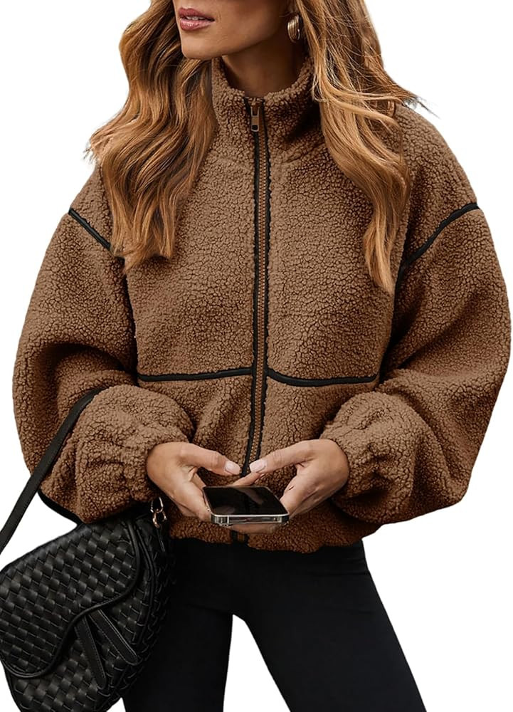 Amazon.com: utcoco Women's Casual Cropped Sherpa Fleece Jacket Zip Up Chunky Fuzzy Teddy Coats Outerwear (Small, Brown) : Clothing, Shoes & Jewelry | Amazon (US)