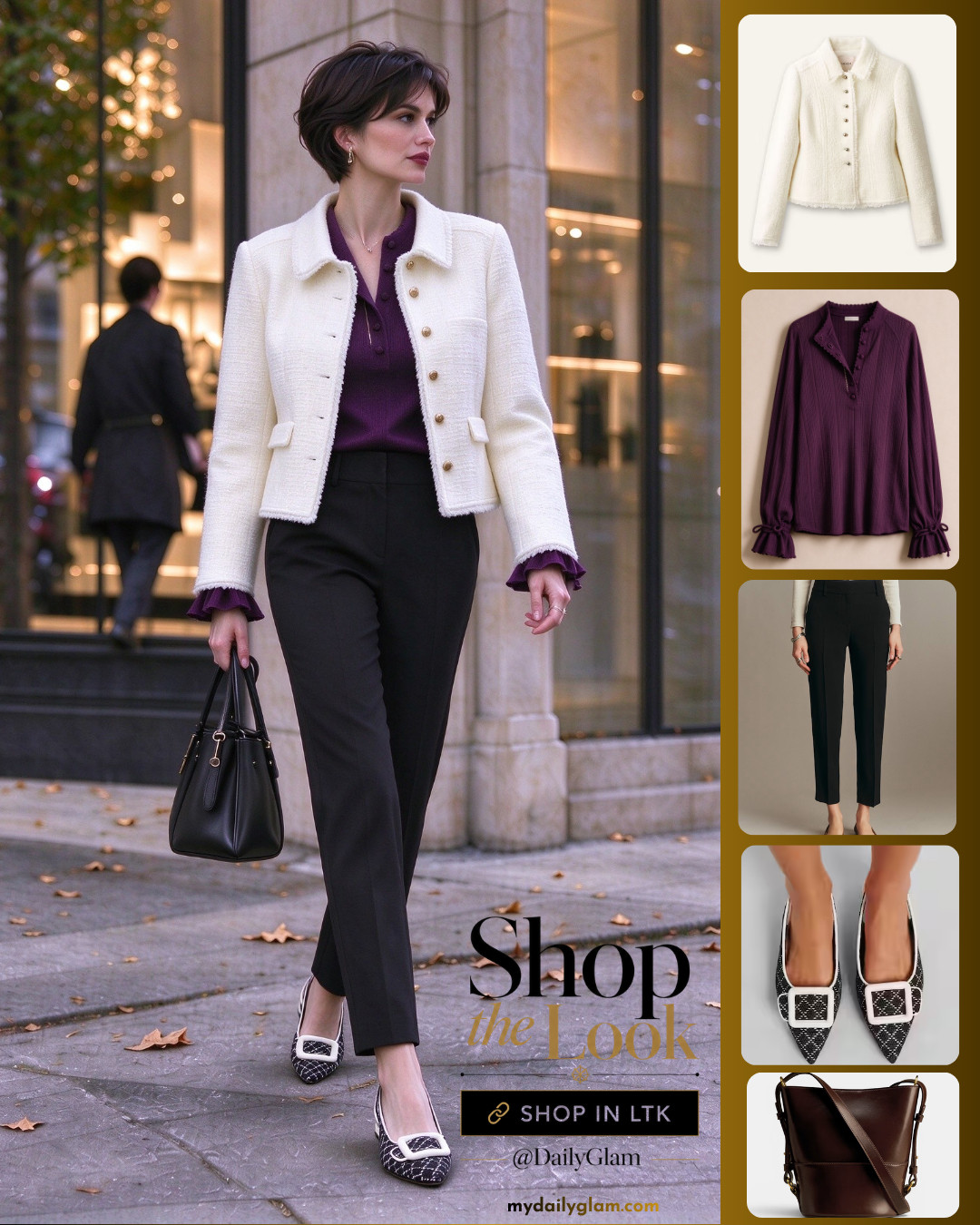 Timeless fall workwear inspiration ✨
Nothing beats a cream textured tweed blazer paired with deep bordeaux knit.
The tailored black pants and grid slingbacks elevate this effortless French chic style.
Ideal for office days, coffee runs and city outings.

#FallOOTD #SmartCasualOutfit #ChicWorkOutfit #WomensFallFashion #TailoredTrousers #BordeauxTop #CityStyle #ClassicOutfit #ElegantStyle #WorkWearInspo 

 #LTKootd #LTKOver40 #LTKWorkwear