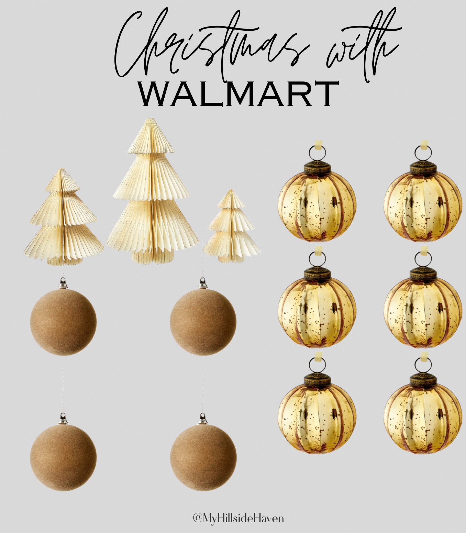 Walmart Christmas Decor. Honeycomb trees, flocked ornaments, gold ornaments, velvet ornaments 

#LTKHome #LTKHoliday #LTKSeasonal