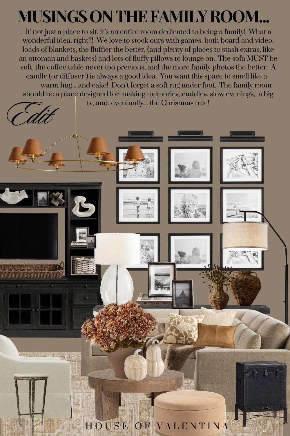 It’ not just a place to sit, it’s an entire room dedicated to being a family!  What a wonderful idea, right?!  We love to stock ours with games, both board and video, loads of blankets, the fluffier the better, (and plenty of places to stash extras, like an ottoman and baskets) and lots of fluffy pillows to lounge on.  The sofa MUST be soft, the coffee table never too precious, and the more family photos the better.  A candle (or diffuser!) is always a good idea.  You want this space to smell like a  
          warm hug... and cake!  Don’t forget a soft rug under foot.  The family room should be a place designed for  making memories, cuddles, slow evenings,  a big tv, and, eventually... the Christmas tree!

#LTKmomlife #LTKHome #LTKSeasonal